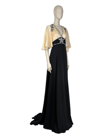 Gucci Alessandro Michele - Prototype  Fall/Winter 2018-2019 - Long dress in ecru satin and black crepe, rhinestone-embellished bodice