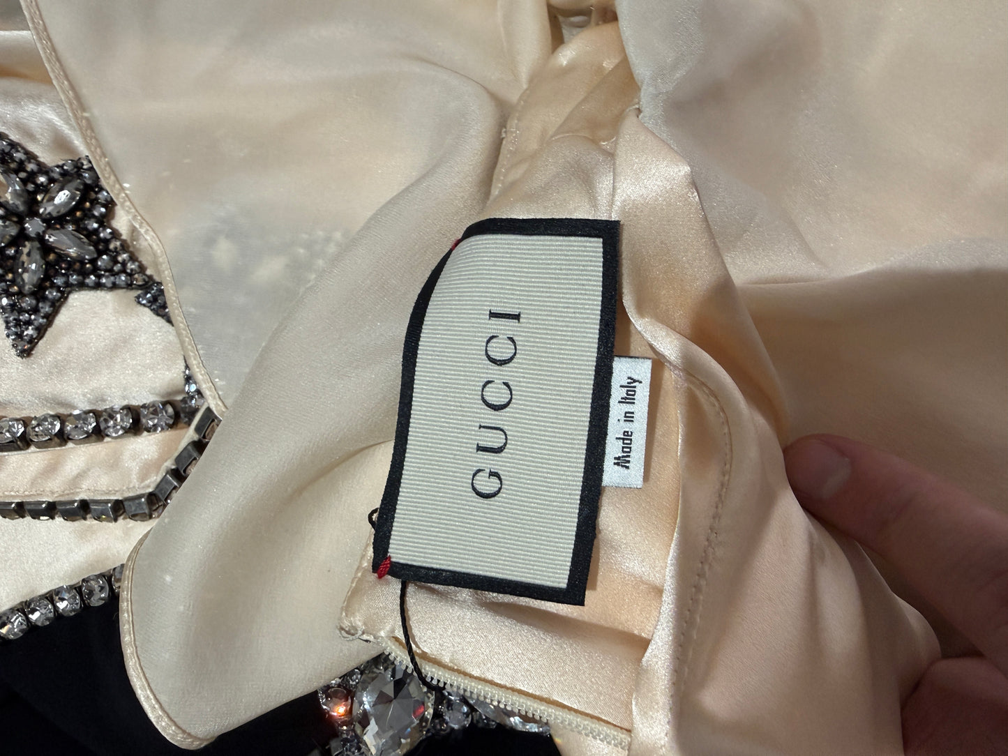 Gucci Alessandro Michele - Prototype  Fall/Winter 2018-2019 - Long dress in ecru satin and black crepe, rhinestone-embellished bodice