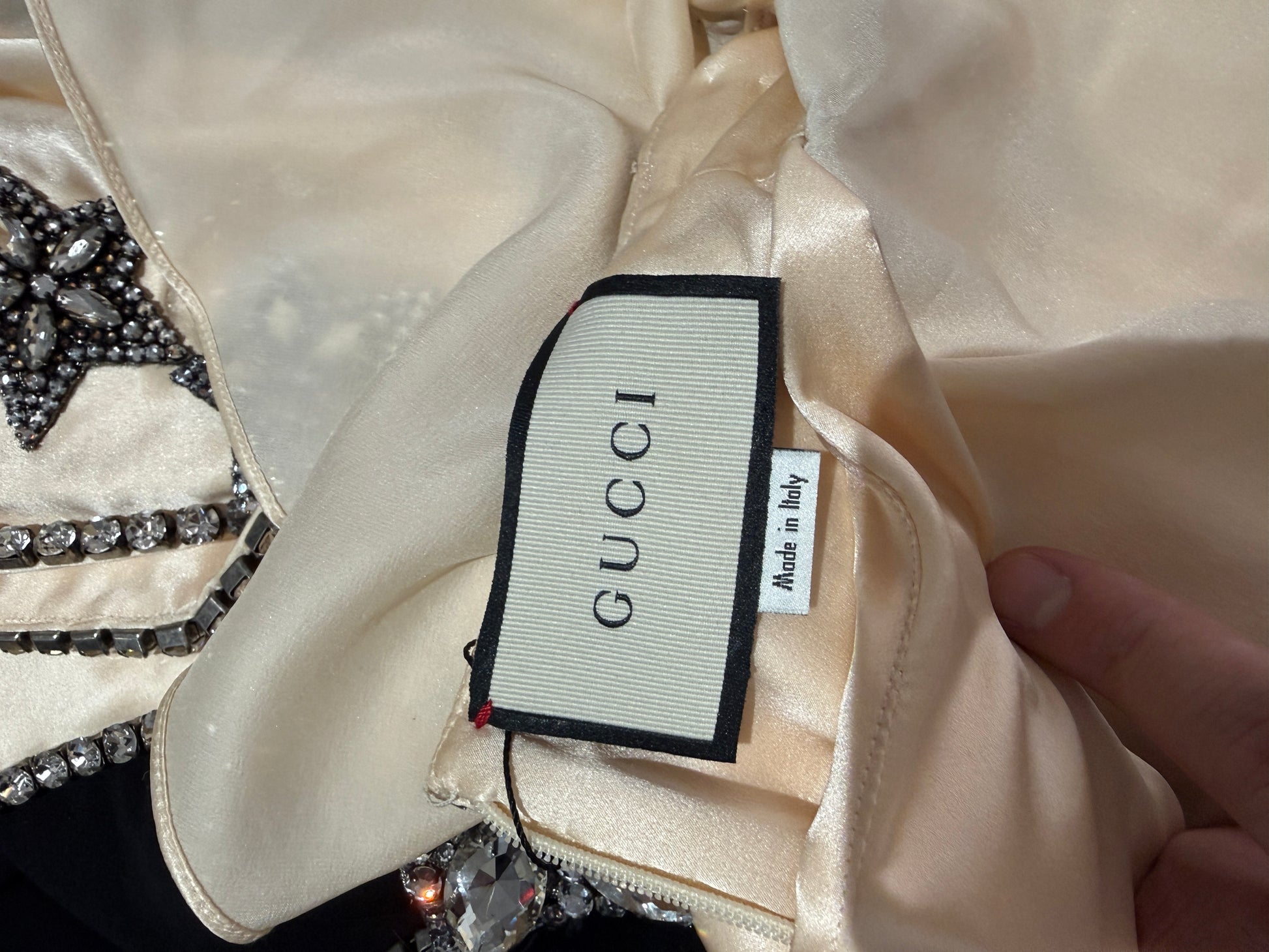 Gucci Alessandro Michele - Prototype  Fall/Winter 2018-2019 - Long dress in ecru satin and black crepe, rhinestone-embellished bodice