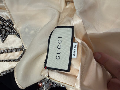 Gucci Alessandro Michele - Prototype  Fall/Winter 2018-2019 - Long dress in ecru satin and black crepe, rhinestone-embellished bodice