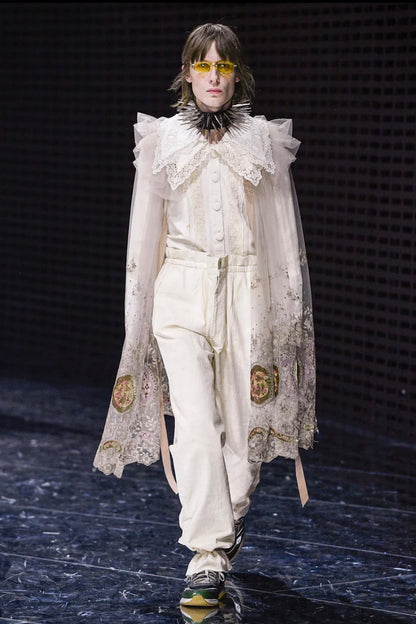 Gucci Alessandro Michele Fall 2019 Look 53 Grey embroidered tulle cape
