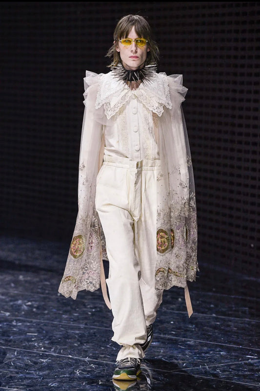 Gucci Alessandro Michele Fall 2019 Look 53 Grey embroidered tulle cape