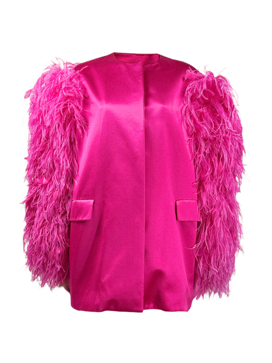 Gucci Alessandro Michele Fall 2021 Look 76 Pink satin jacket ostrich feathers