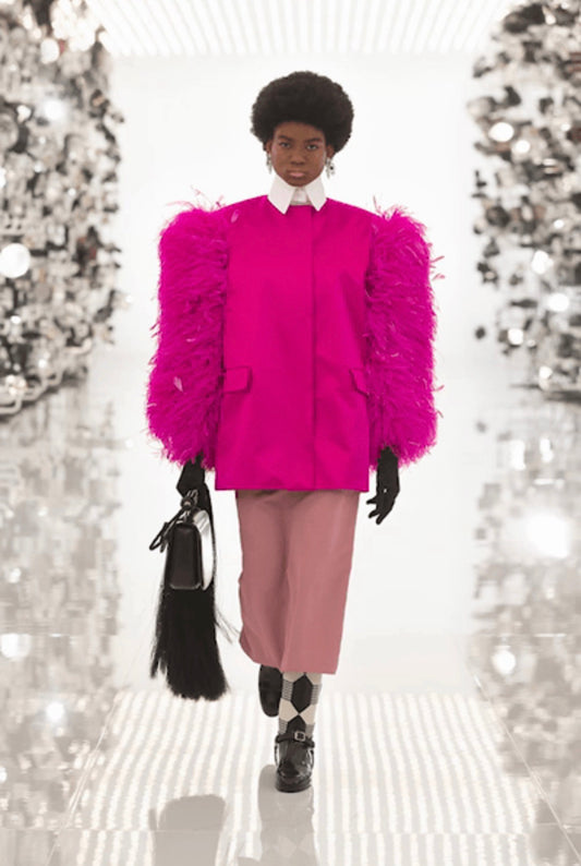 Gucci Alessandro Michele Fall 2021 Look 76 Pink satin jacket ostrich feathers