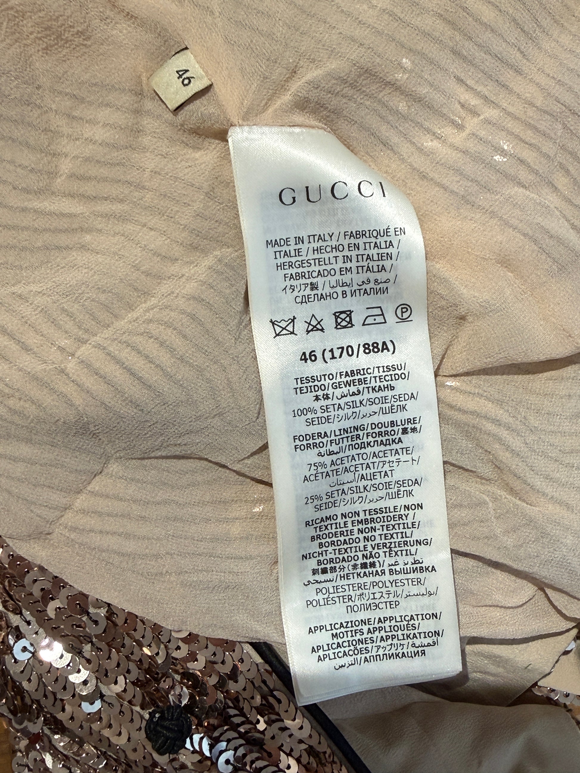 Gucci Salon Alessandro Michele Resort 2023 Look 77 Gold sequined cheongsam shirt