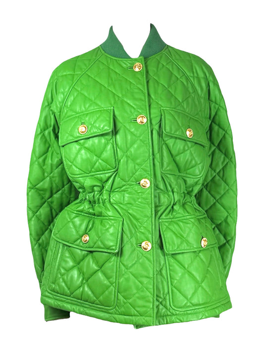 Gucci Alessandro Michele - Pre-Fall 2019 - Look 71 - Oversized apple green quilted lambskin leather jacket, drawstring waist, floral print lining