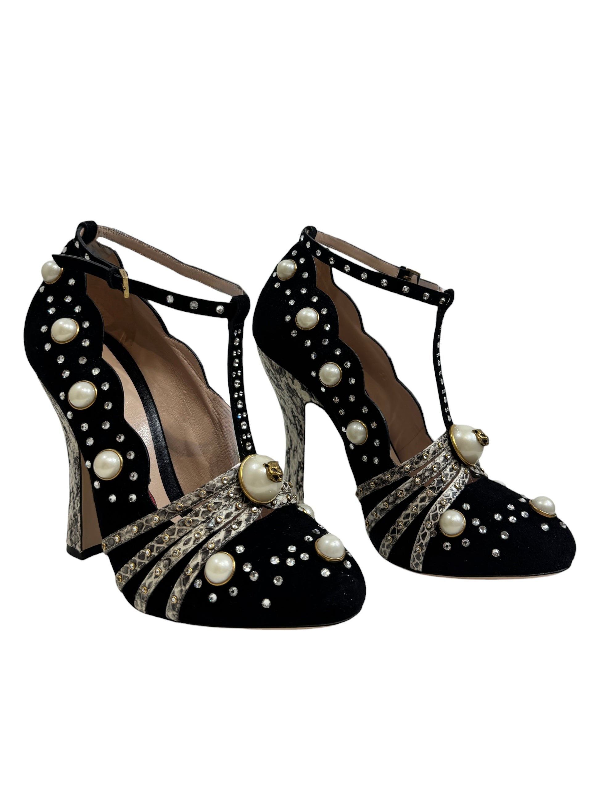 Gucci black velvet pumps pearls crystals