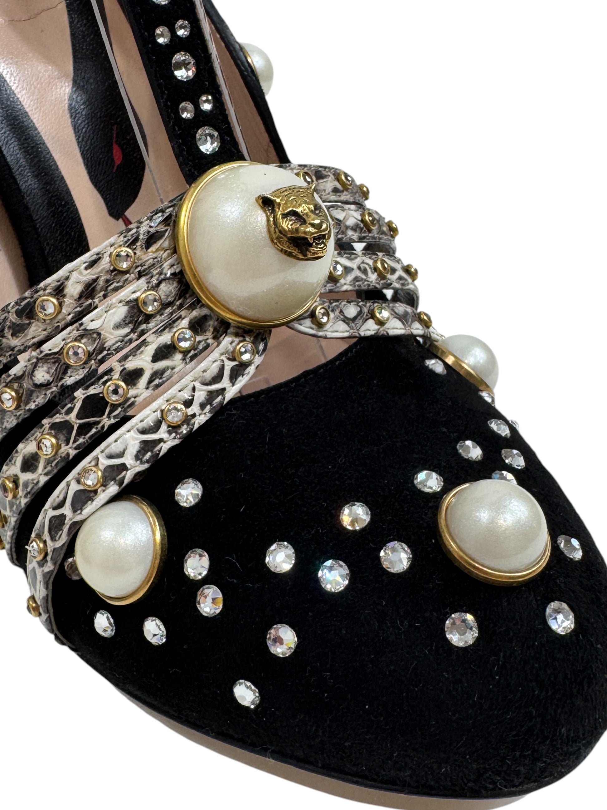 Gucci black velvet pumps pearls crystals
