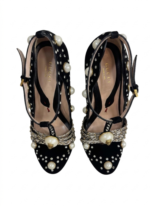 Gucci black velvet pumps pearls crystals