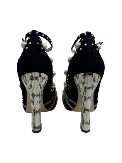 Gucci black velvet pumps pearls crystals