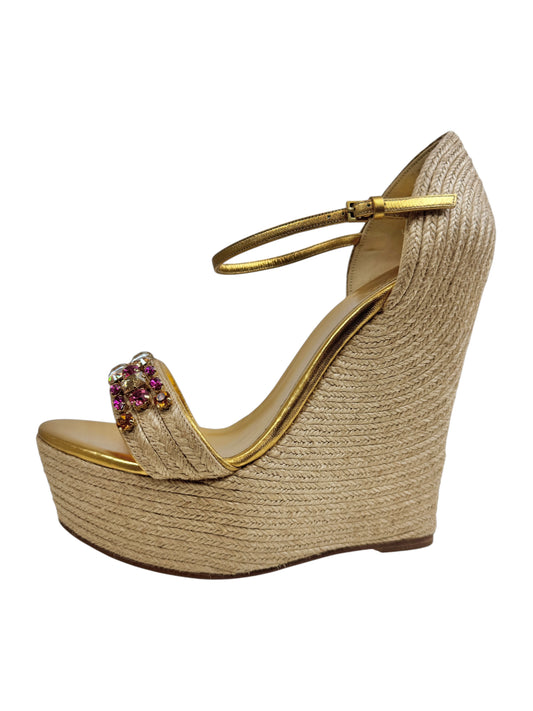 Gucci gold platform straw crystal sandal