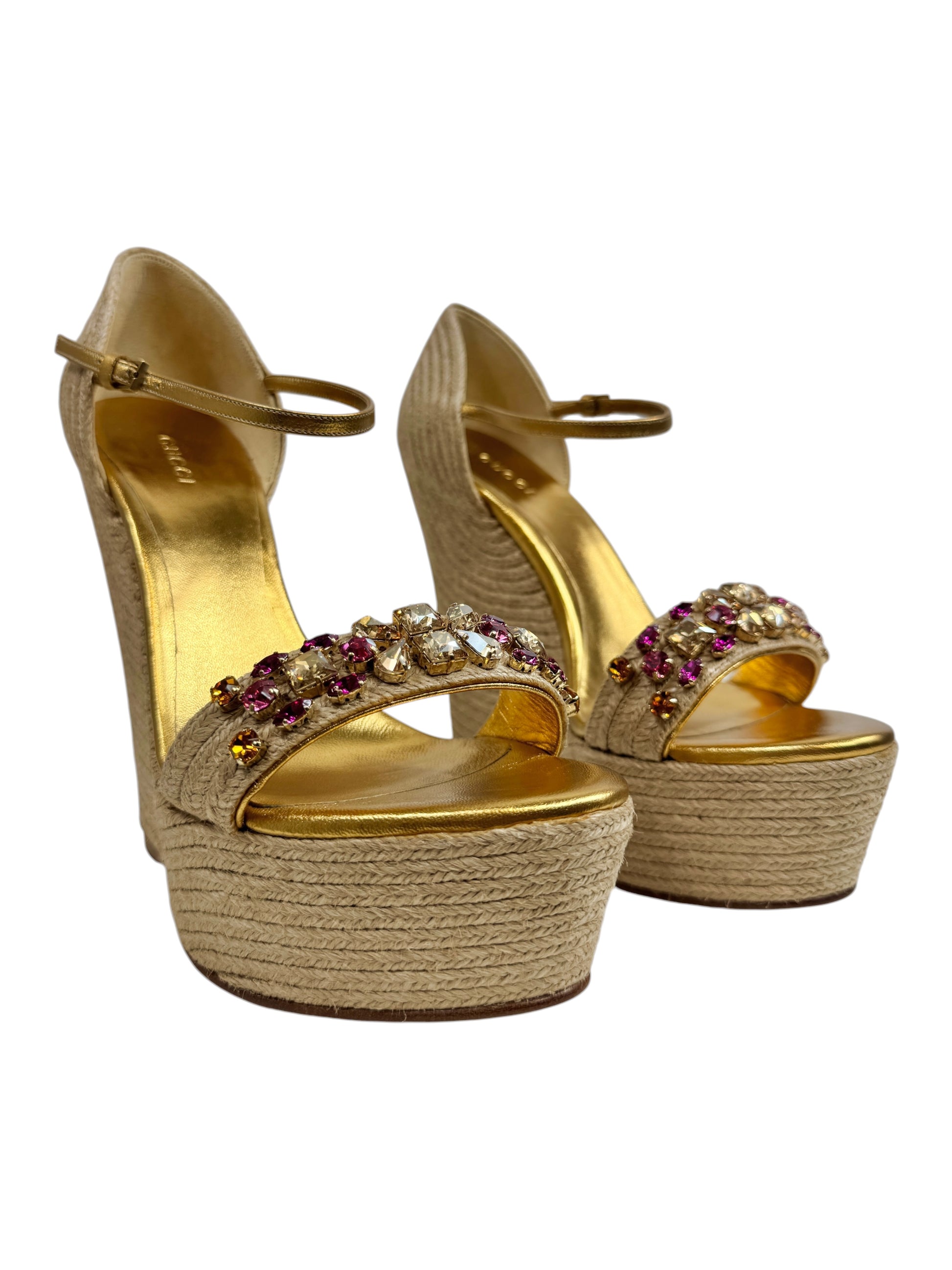 Gucci gold platform straw crystal sandal