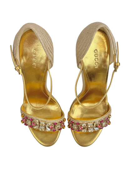 Gucci gold platform straw crystal sandal