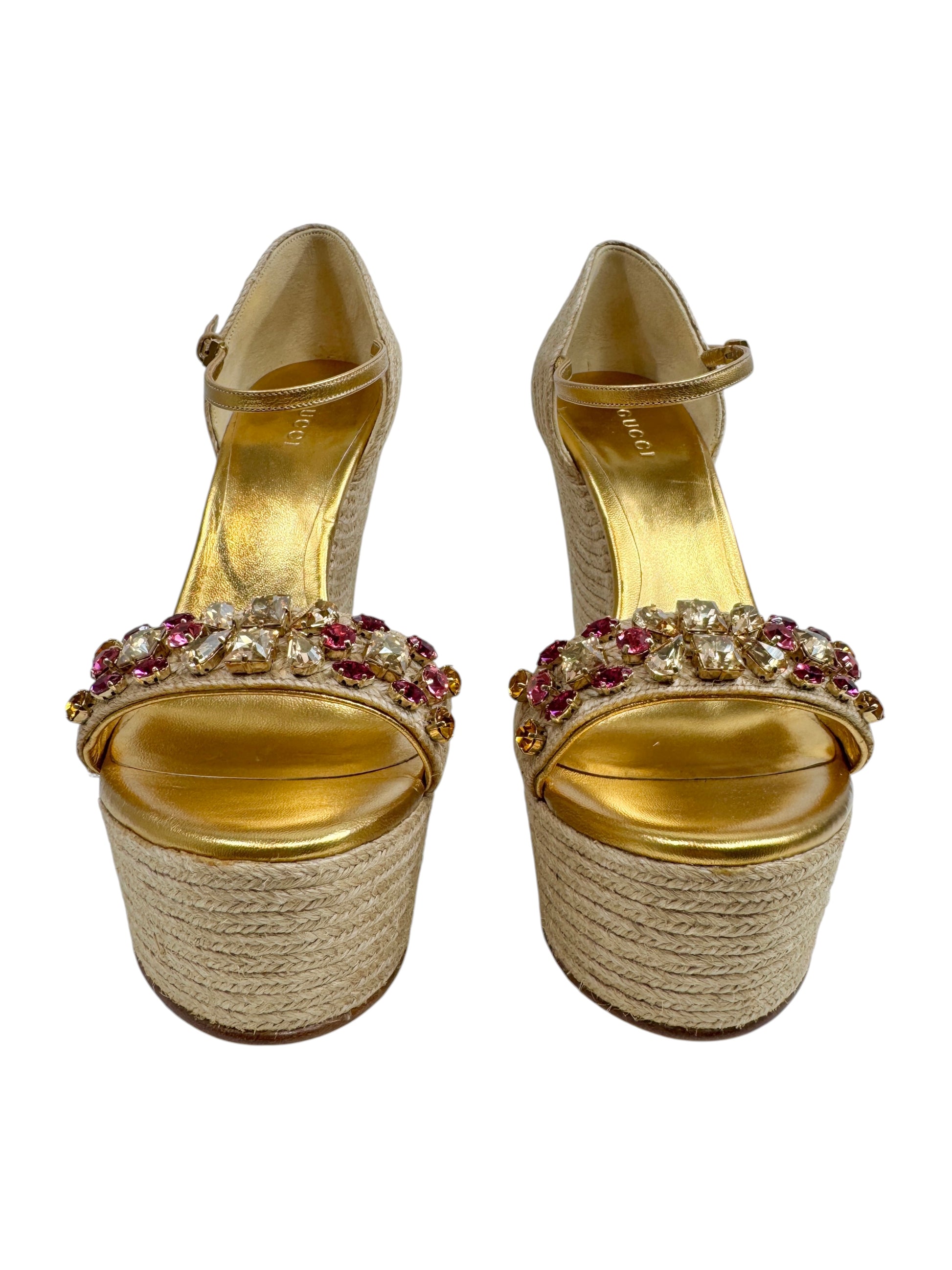 Gucci gold platform straw crystal sandal
