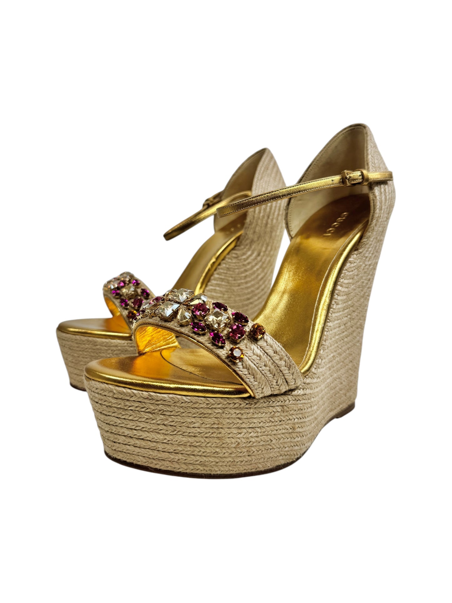 Gucci gold platform straw crystal sandal