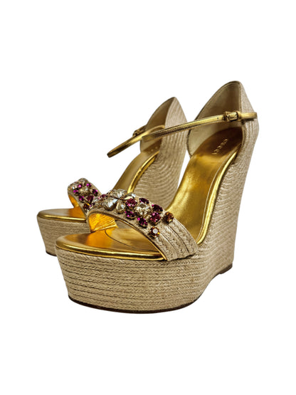 Gucci gold platform straw crystal sandal