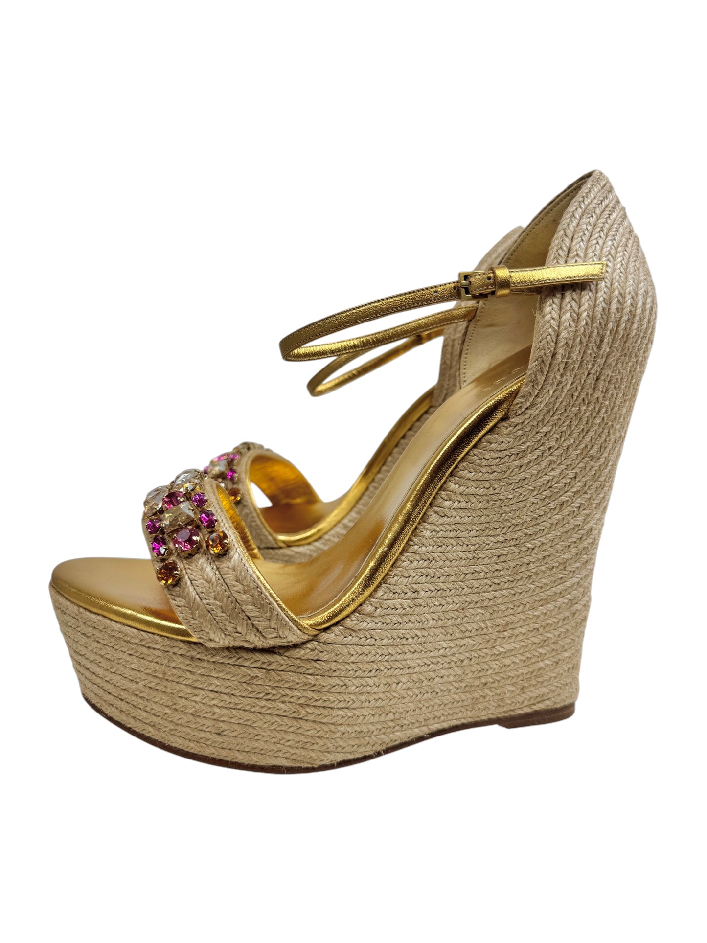 Gucci gold platform straw crystal sandal