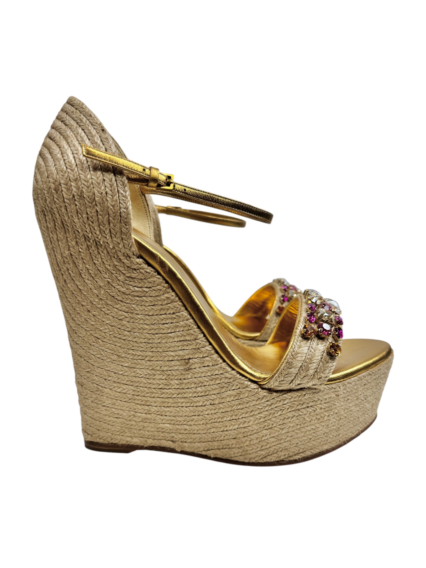 Gucci gold platform straw crystal sandal