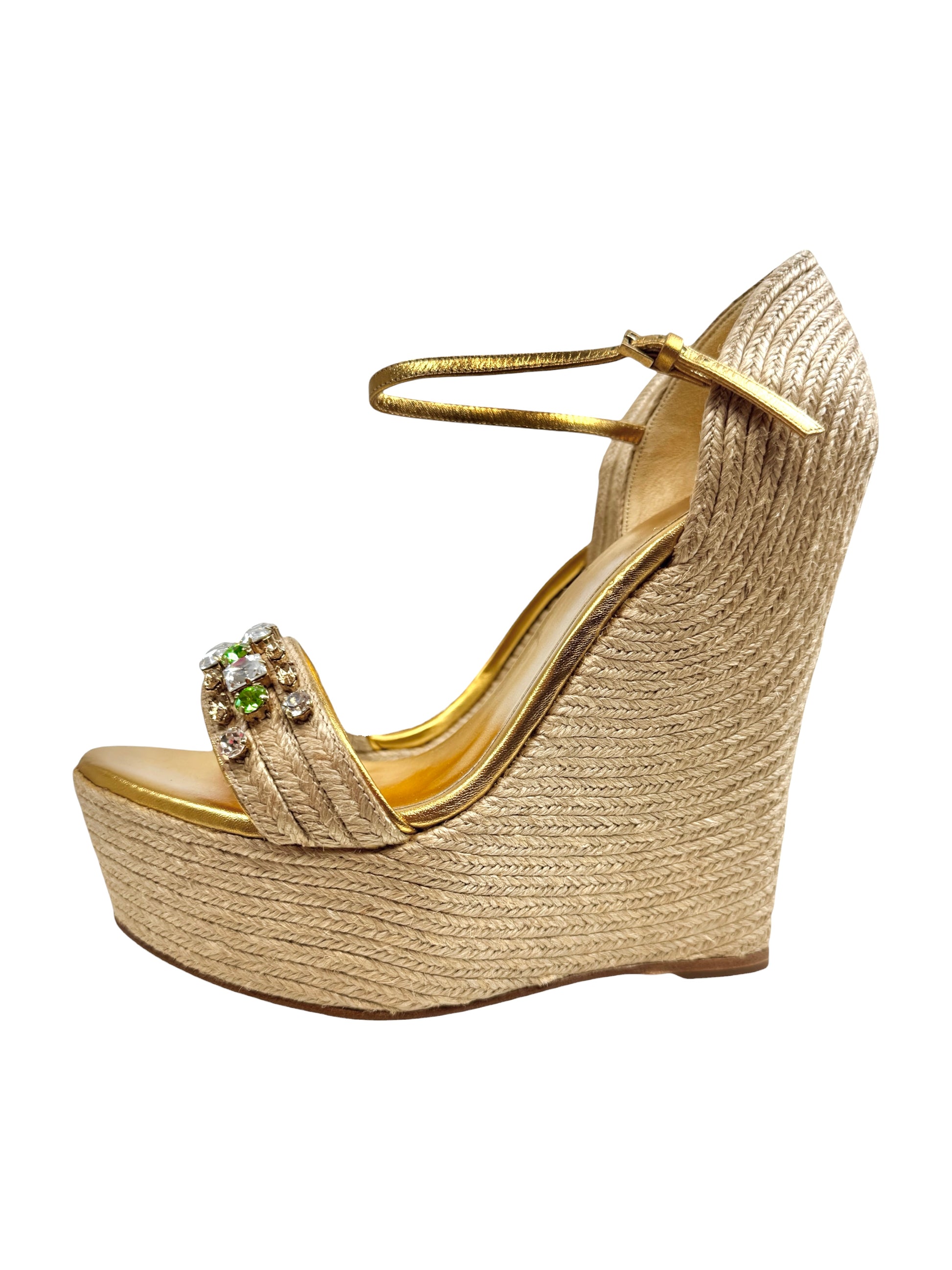 Gucci gold platform straw crystal sandal green