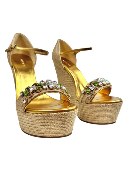 Gucci gold platform straw crystal sandal green