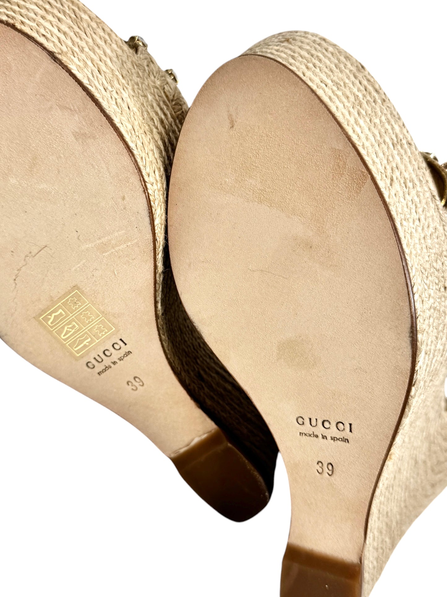 Gucci gold platform straw crystal sandal green
