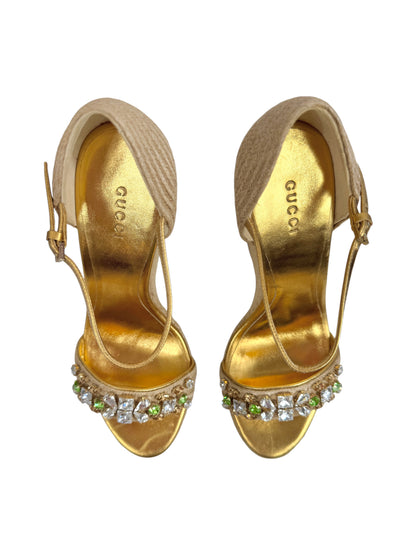 Gucci gold platform straw crystal sandal green
