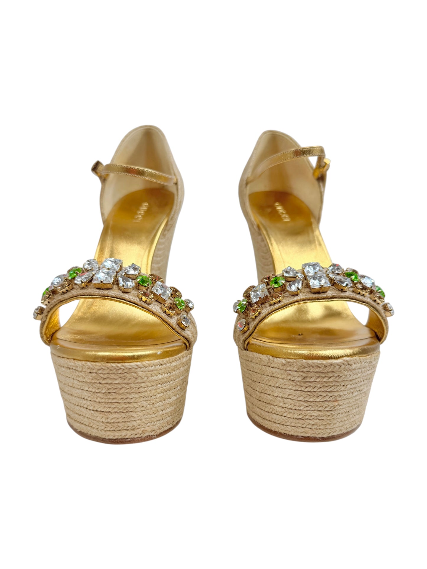 Gucci gold platform straw crystal sandal green