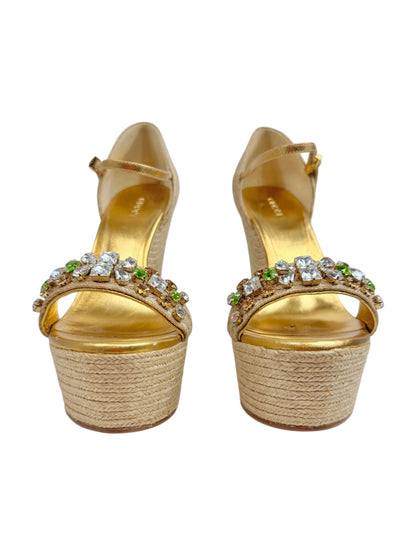 Gucci gold platform straw crystal sandal green
