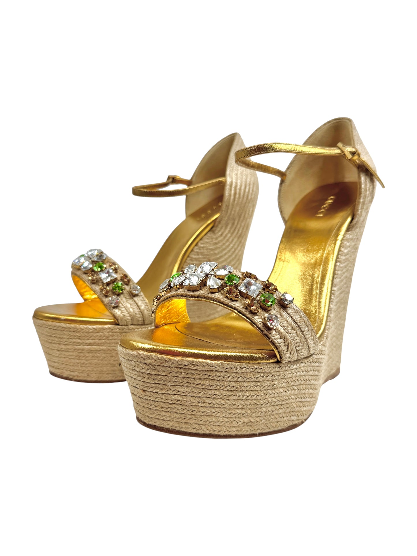 Gucci gold platform straw crystal sandal green