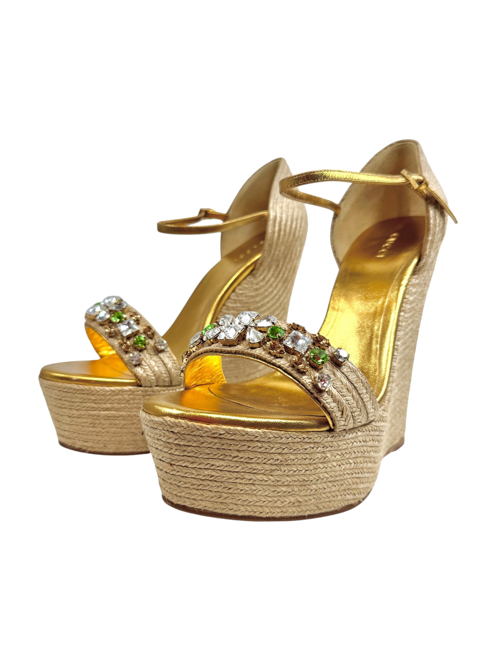 Gucci gold platform straw crystal sandal green