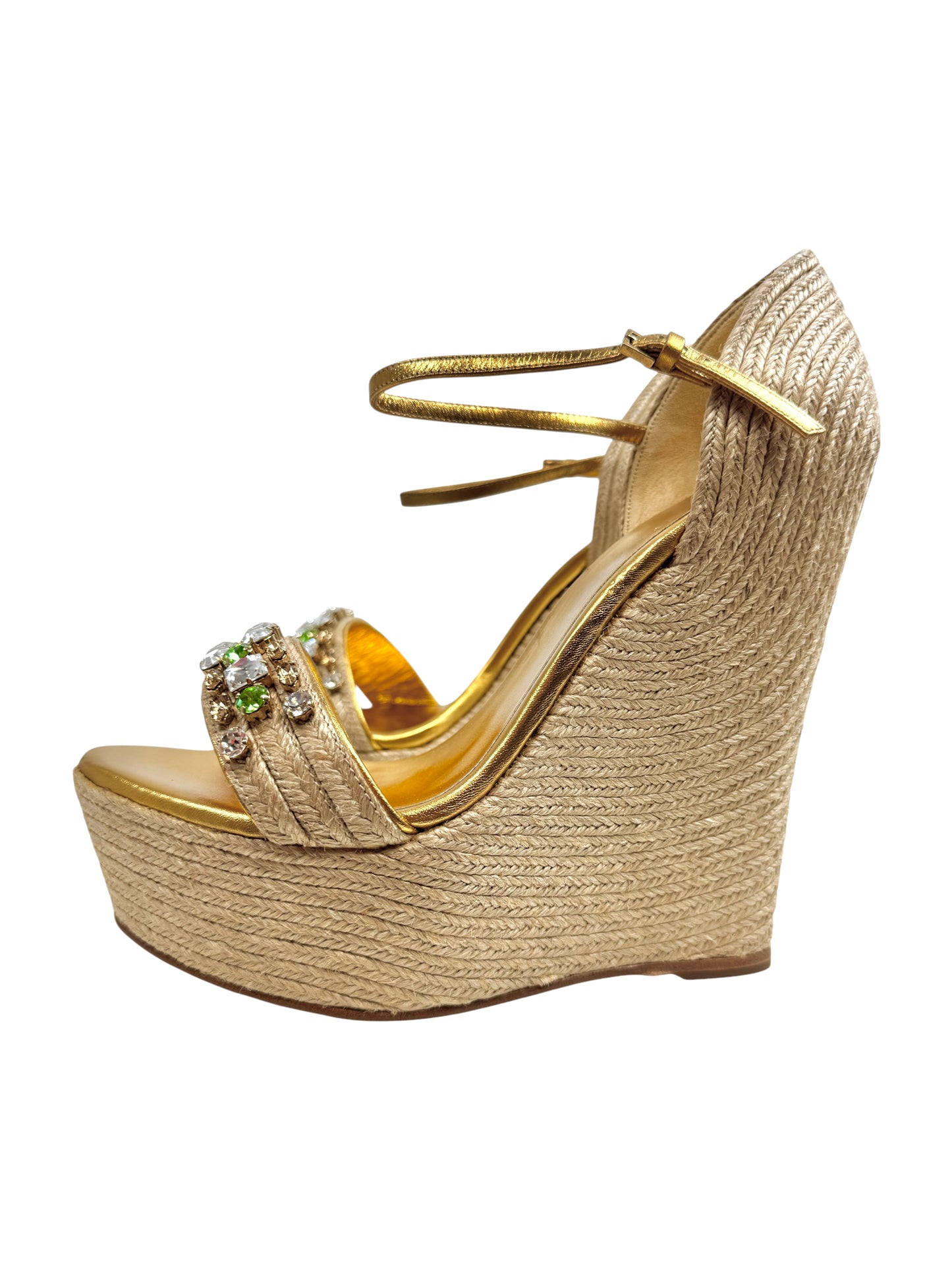 Gucci gold platform straw crystal sandal green