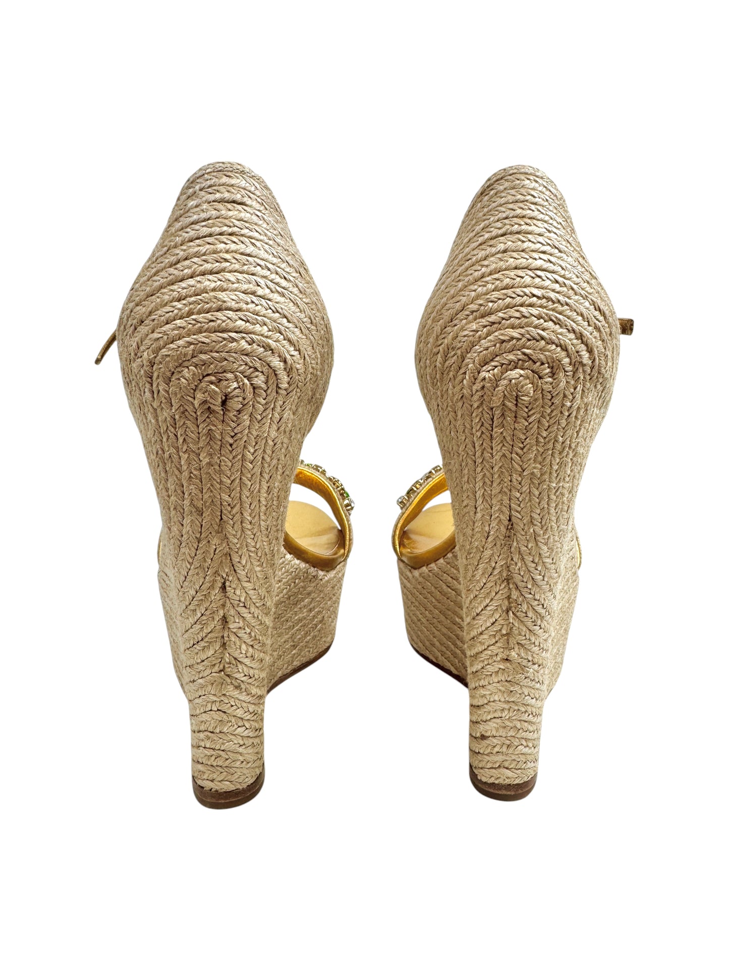 Gucci gold platform straw crystal sandal green