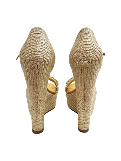 Gucci gold platform straw crystal sandal green