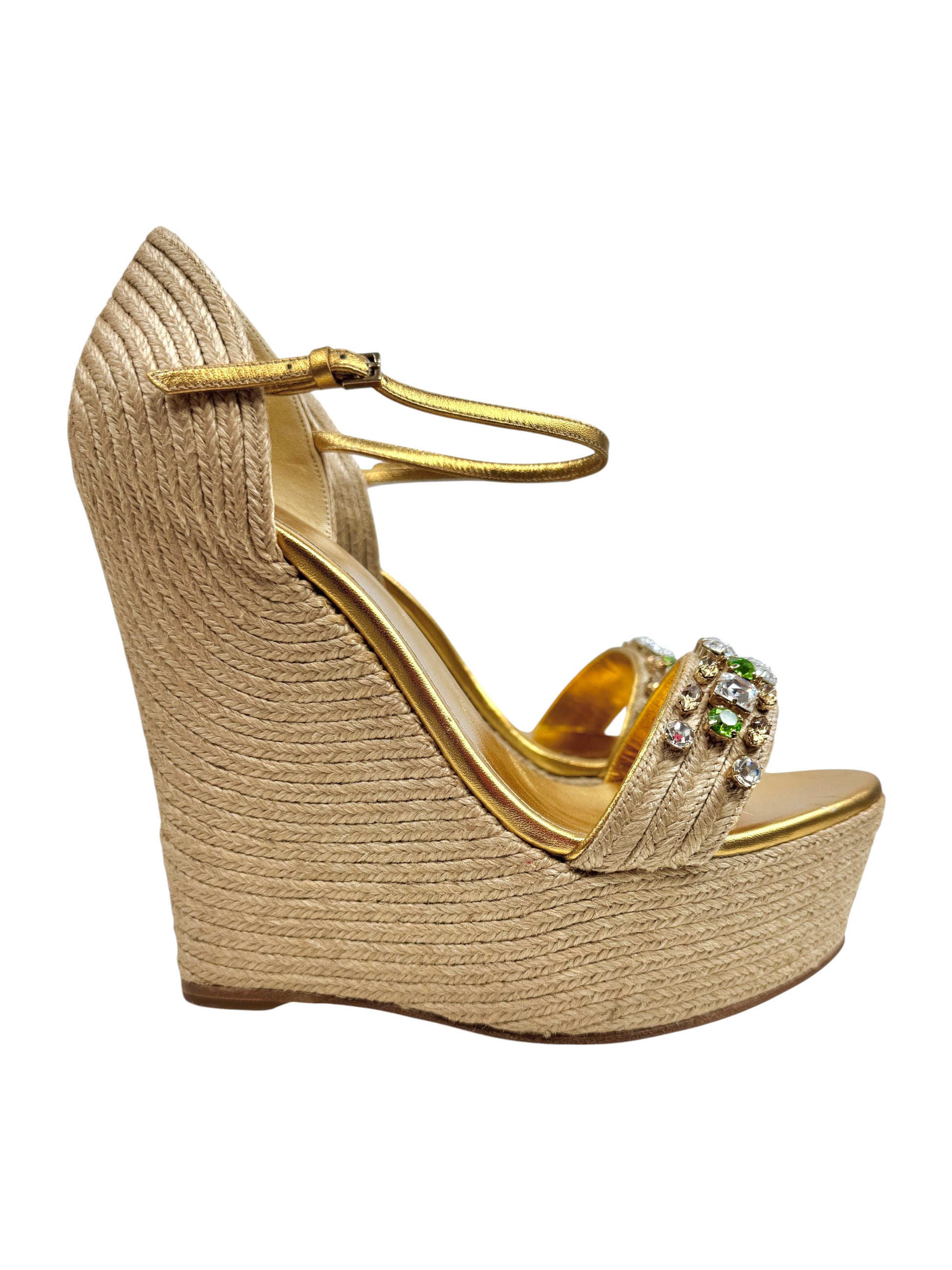 Gucci gold platform straw crystal sandal green