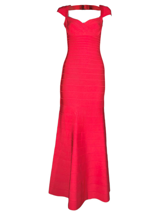Herve Leger Leila maxi coral bandage knit dress