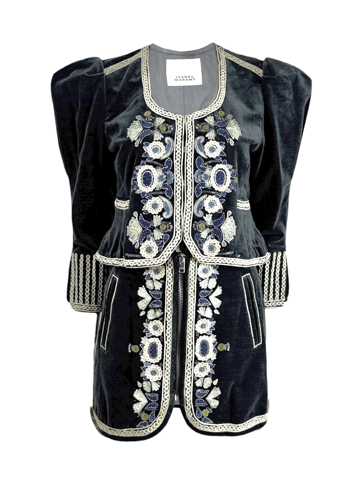 Isabel Marant Spring 2023 Grey embroidered velvet skirt suit