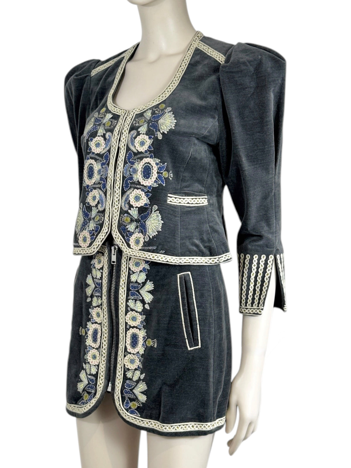 Isabel Marant Spring 2023 Grey embroidered velvet skirt suit