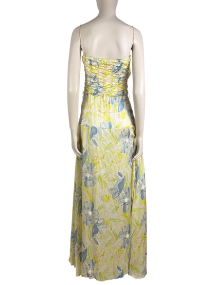 John Galliano - Spring/Summer 2003 Long dress with thin straps in silk satin printed with a floral motif in shades of green