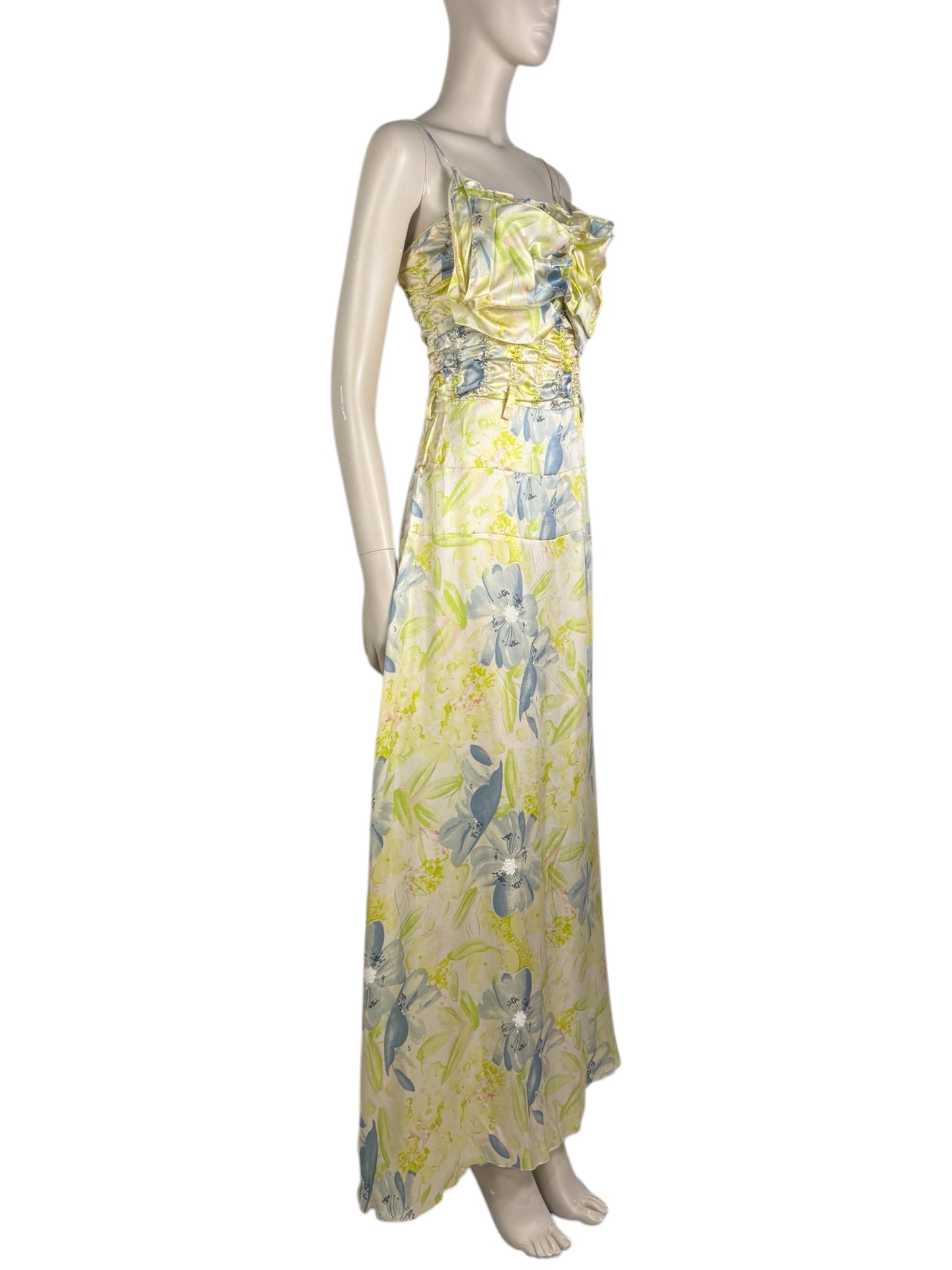John Galliano - Spring/Summer 2003 Long dress with thin straps in silk satin printed with a floral motif in shades of green