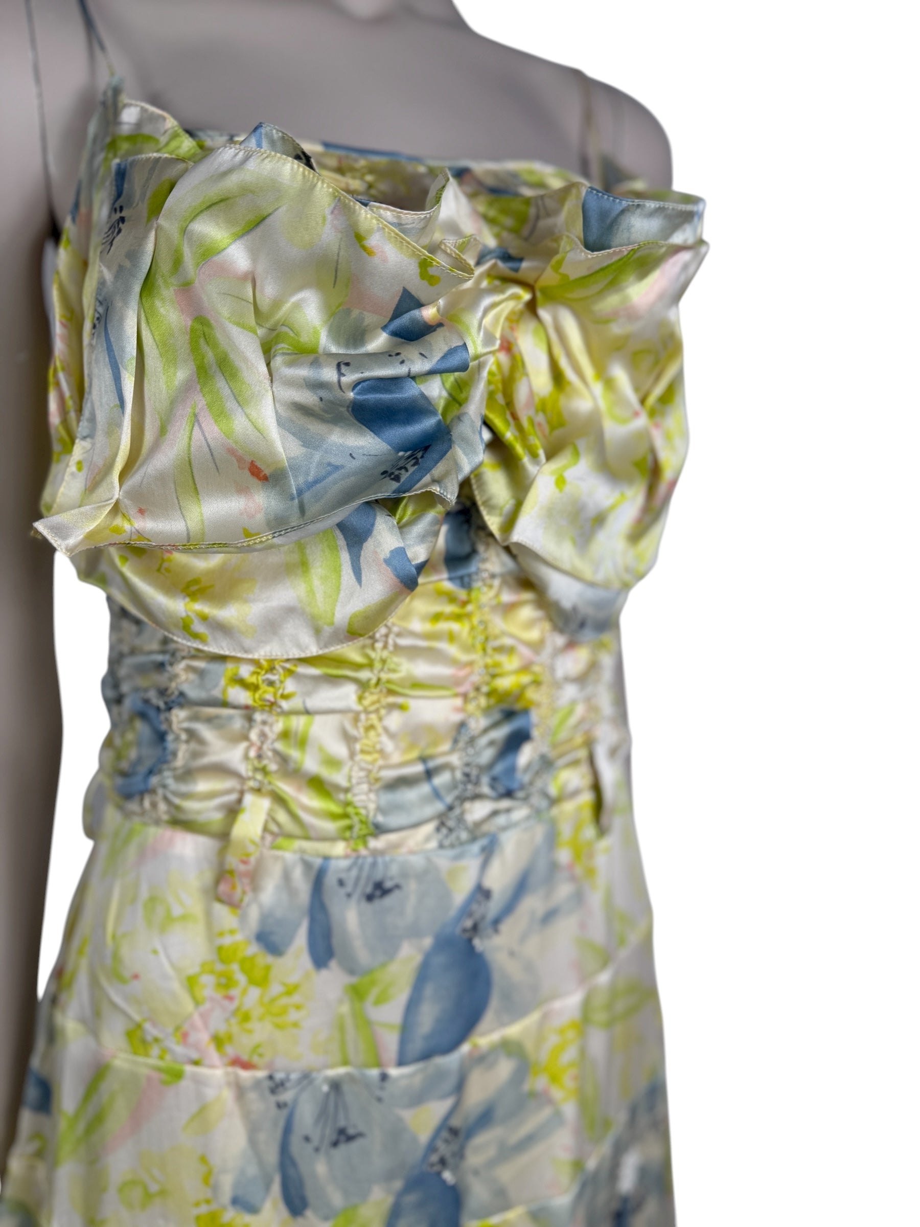 John Galliano - Spring/Summer 2003 Long dress with thin straps in silk satin printed with a floral motif in shades of green