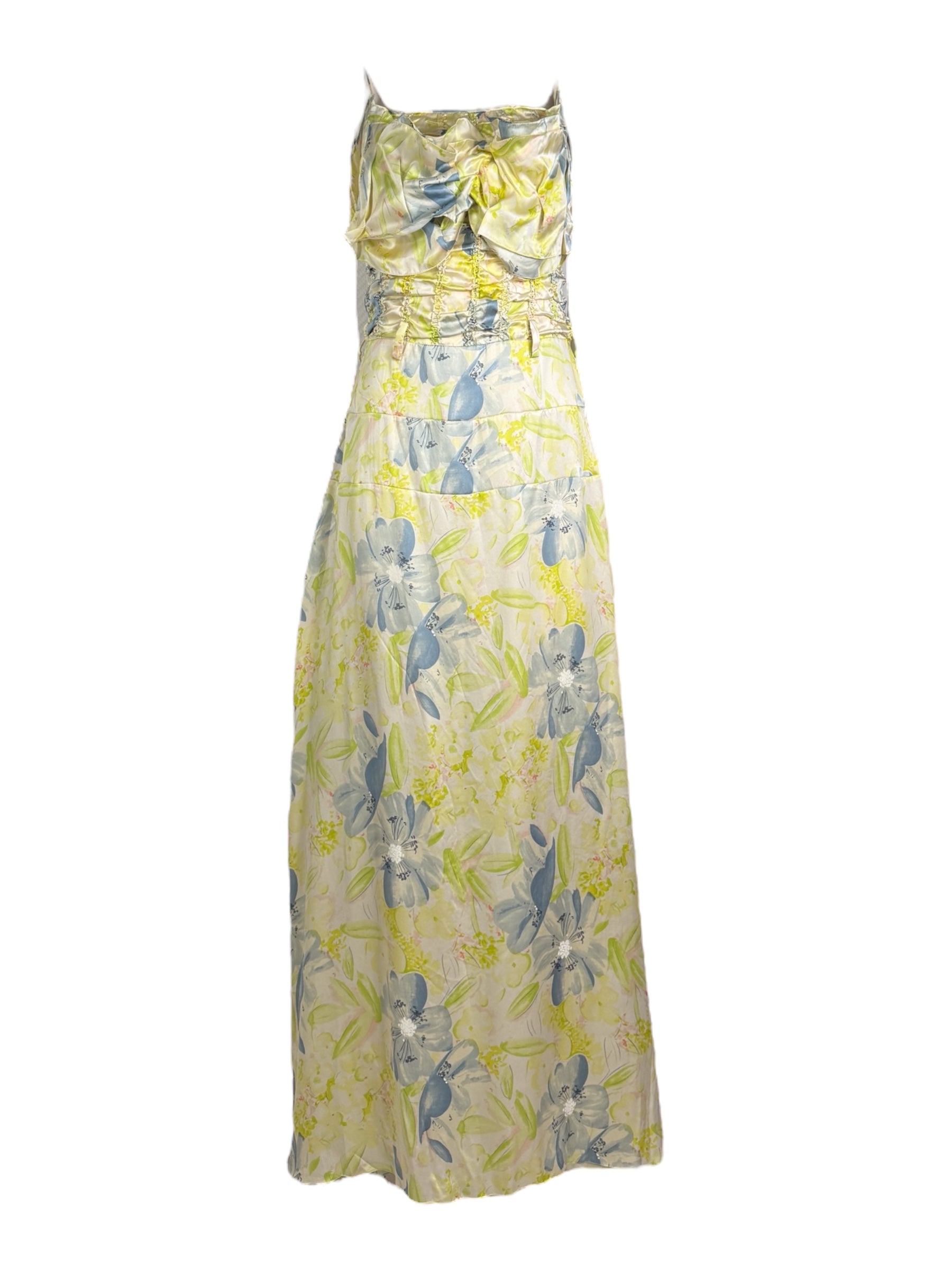 John Galliano Spring/Summer 2003  Long dress with thin straps in silk satin printed with a floral motif in shades of green
