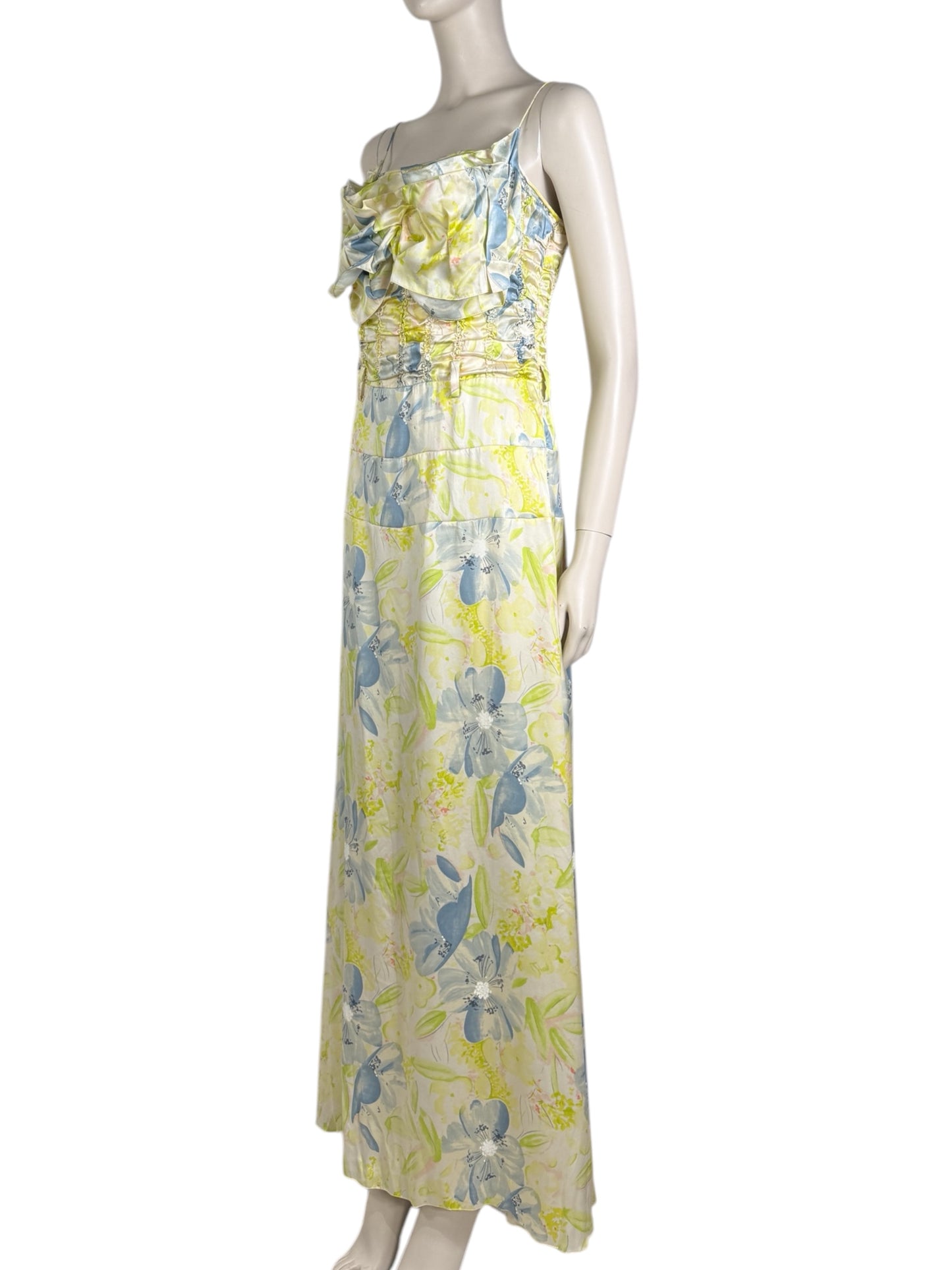John Galliano - Spring/Summer 2003 Ready-to-Wear Collection - Long dress with thin straps in silk satin printed with a floral motif in shades of green