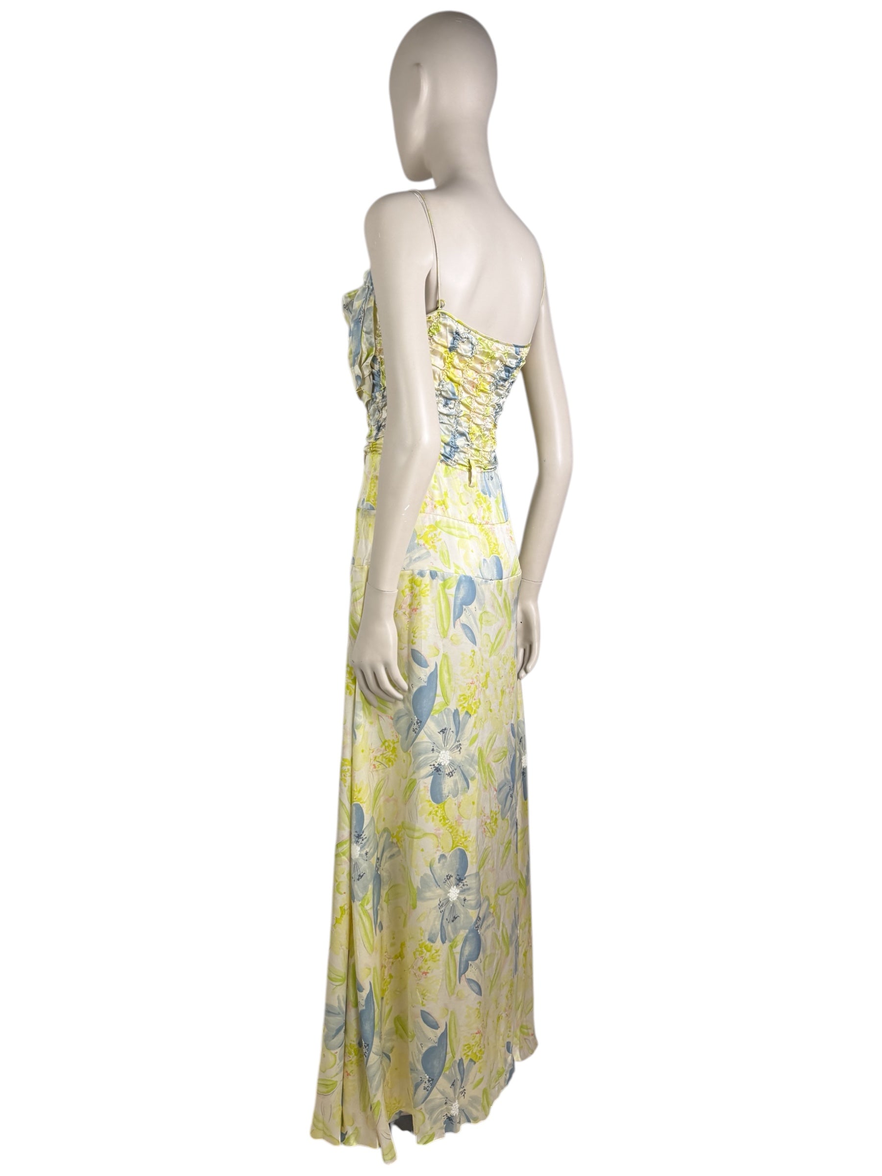 John Galliano - Spring/Summer 2003 Ready-to-Wear Collection - Long dress with thin straps in silk satin printed with a floral motif in shades of green