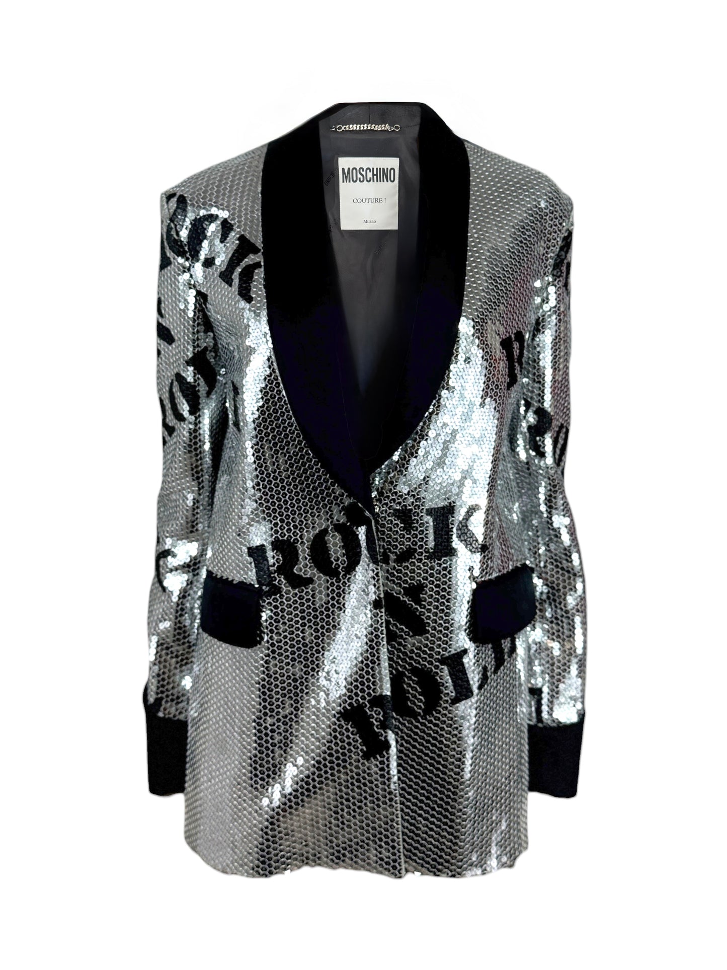 Moschino Couture Jeremy Scott Spring 2020 Look 72 Smoking sequined jacket
