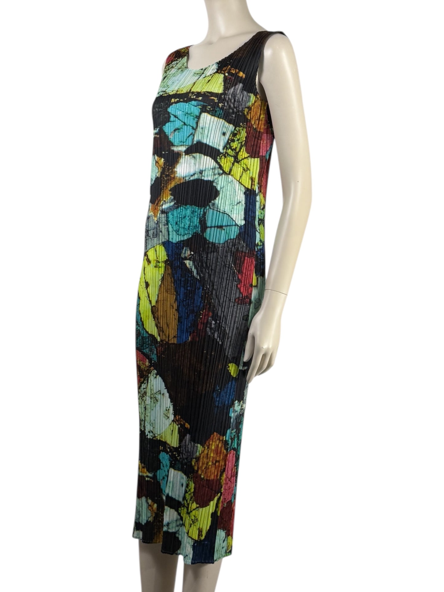 Pleats Please - Sleeveless dress in pleated polyester with multicoloured print 1