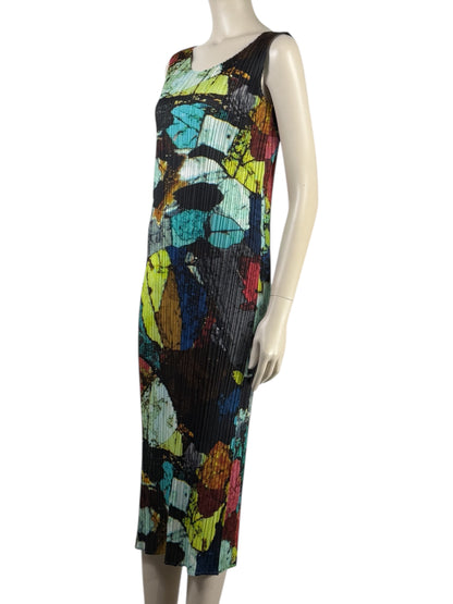 Pleats Please - Sleeveless dress in pleated polyester with multicoloured print 1