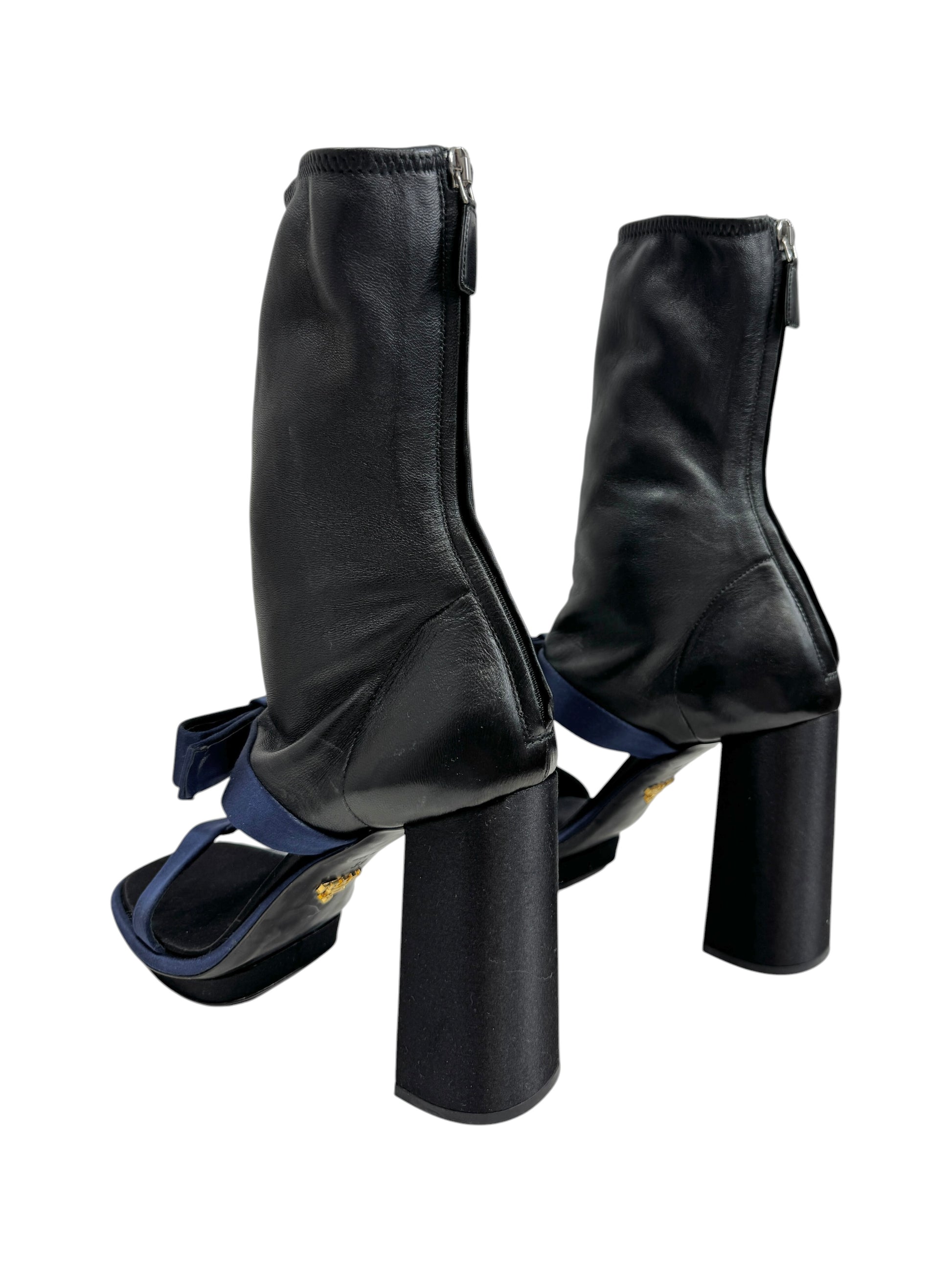 Prada leather satin boots black navy