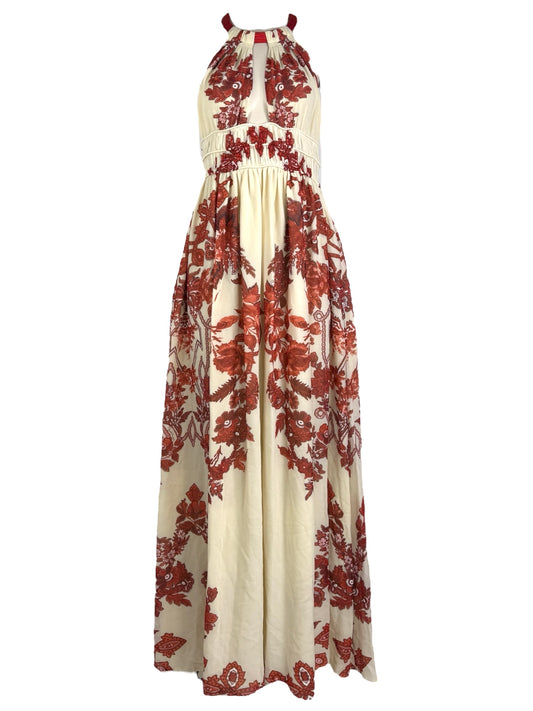 Roberto Cavalli - Spring/Summer 2007 - Long halter neck dress in ecru silk crepe printed with a sanguine floral motif