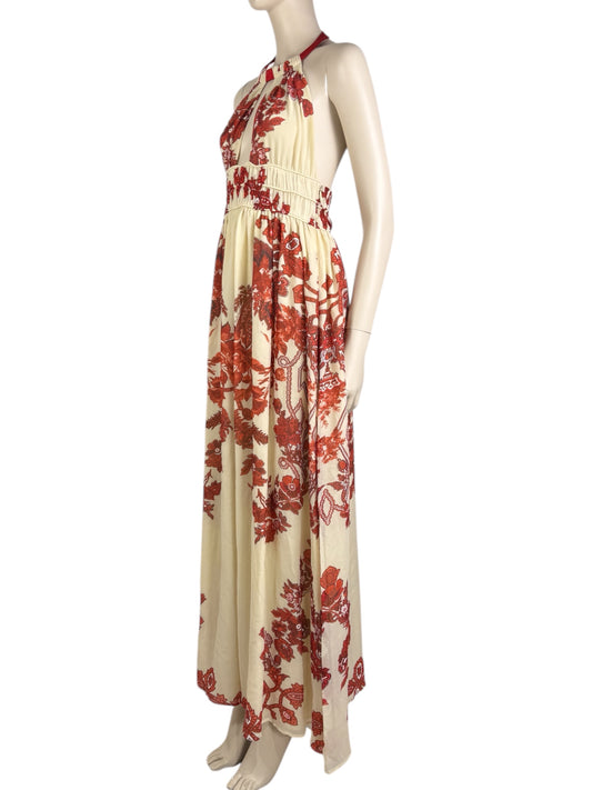 Roberto Cavalli - Spring/Summer 2007  - Long halter neck dress in ecru silk crepe printed with a sanguine floral motif