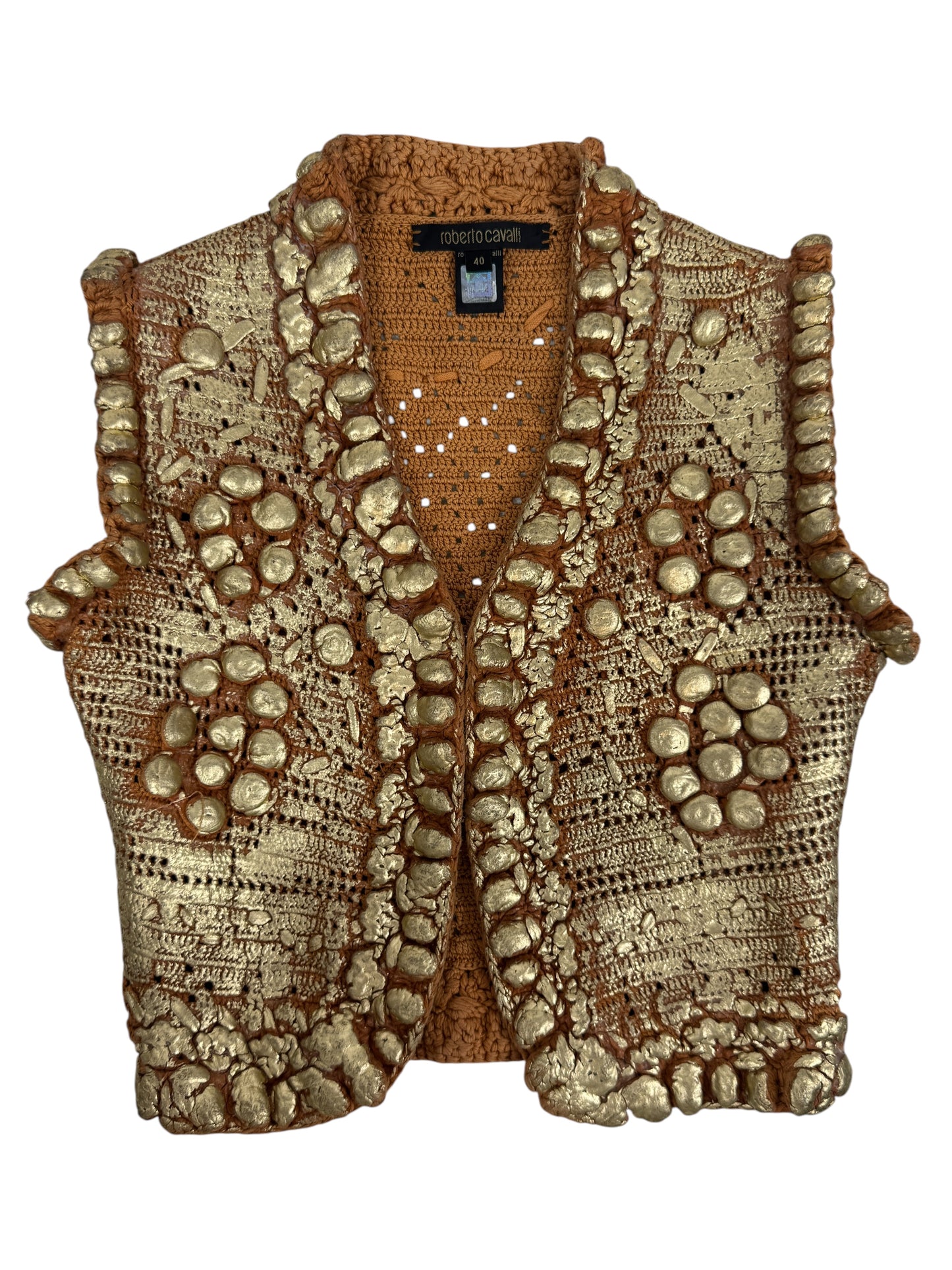 Roberto Cavalli 2006 Cropped vest gold lacquered knit